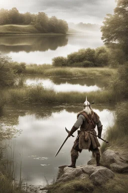 [Medieval] A solid man viking warrior with a weapon around a pond