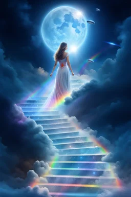 fantastic,Beautiful woman, stairway to heaven whit rainbow, ufos