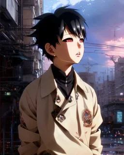 Detailed young anime boy crying, intricate details, full body portrait, keep head in frame, slight, black Japanese motif, concept art, highly detailed, digital painting, concept art, sharp focus, illustration, art by Yoji Shinkawa, WLOP and greg rutkowski and alphonse mucha and artgerm and yanjun Chen and Junji ito and Makoto Shinkai, HDR, octane render