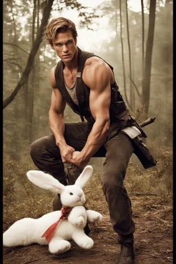 hot man fighting in the hunger games, holding a stuffed bunny