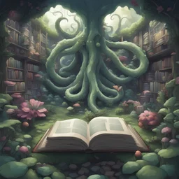 A garden with eerie plants and floating books and surrounded by infinite tentacle walls, in digimon art style