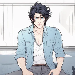 A headshot of a confident handsome man with messy black hair and blue eyes, wearing casual, modern attire, colored manga style, intricately detailed,