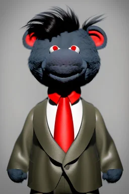 Waist up muppet Portrait, Kim Jong-un muppet doll, black suit, photo studio, red background, unreal engine 5, concept art, art station, god lights, ray tracing, RTX, lumen lighting, ultra detail, volumetric lighting, 3d.