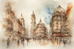 City sketch, watercolor, white background, vibrancy of watercolor wash, highly detailed, with sharp focus and smooth transitions. Carne Griffiths, Wadim Kashim, Carl Larsson, Pascal Blanche, golden ratio, masterpiece, trend on CGSociety and Artstation, bottomless, impressive, something that does not even exist, textures, iridescent scales and luminescent, impressive beauty, pure perfection, divine presence, unforgettable beauty, impressive, impressive, volumetric light, auras, rays, reflections