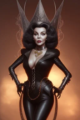 Joan Collins as evil queen in black leather, leather, busty, cleavage, angry, stern look. character design by cory loftis, fenghua zhong, ryohei hase, ismail inceoglu and ruan jia. unreal engine 5, artistic lighting, highly detailed, photorealistic, fantasy