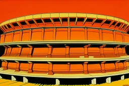 An orange color coliseum with fists painted by Andy Warhol