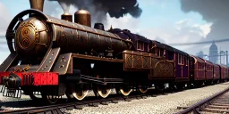 a beautiful steampunk train, tiny details, intricate, detailed, volumetric lighting, steam, rainy, reflective