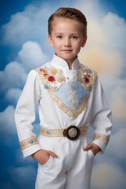 facial portrait - 10-year-old Elvis Presley is posing for his school picture in a white jumpsuit with a high collar and embroidery designs - Sparkling, Sky blue Background, professional quality studio 8x10 UHD Digital photograph by Scott Kendall - multicolored spotlight, Photorealistic, realistic stock photo, Professional quality Photograph. colored Fog