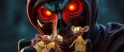 close up on face of ninja necromancer in the wild, raising glowing raven skeleton rat babies