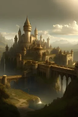 Fantasy City with a castle in the middle, with a wall around the edge of the city