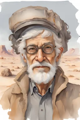 saturated Watercolor paint of strange good man, 75 year old, brown eyes, prescription glasses, gray hair, gray beard, dressed as a cyberpunk explorer of the desert in the style of Elik Bilal. Around the man there is a strange kind of objects
