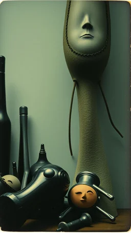 Photography polaroid close-up of several shapes, elongated lines and object, massive odd Yves Tanguy incomprehensible style, Surrealism. On the left, there are other lower shapes, similar to tools or mechanisms, randomly arranged, glossy, organic, creepy tumor mass growing, strong texture, fiotti di liquido nero, horror, panic, obsessive, hypnotic