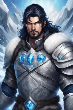 1 mana warrior, with blue eyes and black hair man in silver Viking armor with fur around the neck with blue crystal on his chest , in the artic, warrior in anime style,