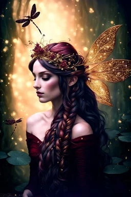 Burgundy dark red gold hair,very long hair, dark gold,gold,rapunzel hair,dark fairy princess,elven crown,dragonflies,fireflies,night,water lilies, orchids,jasmine flowers,glitter,sparkle,flowers,copper,bronze