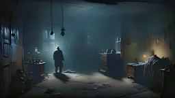 A dark dirty room where there is a tired old man and dancing shadows