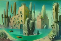 a fantastic cactus city with cactus houses underwater by artists "Leonora Carrington" and "Piranesi"