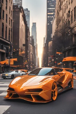 creates a concept supercar in '80s style with a retro-futuristic bodywork in orange and gold on a street of New York, with a bright sky