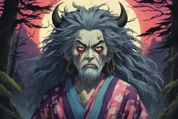 full color front facing portrait of a malevolent Yama Uba witch in a ragged kimono with highly detailed shaggy hair and slim, aged and withered facial features, in a haunted mountain forest, pierced by shafts of moonlight , art in the style of spirited away, studio ghibli, , 8k , finely detailed and precise line work, soft natural Spring colors