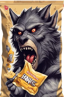 a chip bag with a werewolf on it eating fang like chips