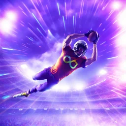 colourful rounded infinity symbol ∞ on shirt, American football player diving with an American football in both hands to score a touch down, striking, vibrant, chiaroscuro, dramatic, captivating, powerful, beautiful, octane render, 16k post-production, artstation: award-winning: atmospheric: commanding: fantastical: clarity: ultra quality: striking: brilliance: stunning colors: amazing depth; lens: f/11, 35mm