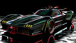 batmobile concept inspired from a 2025 ford mustang dark horse with a large elaborate spoiler and batman symbol style fins, batman symbol in grille, lower wind deflector. red stripes like 1960s adam west batmobile