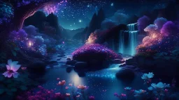 beautiful fairy land in space,night lights,flowers,river,waterfall,trees