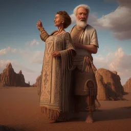 ancient patriarch abraham and matriarch sarah, in the desert, 3500 BCE, dramatic, dramatic lighting, pixar style, volumetric lighting, hyperrealism, 8k, high quality, photorealistic, lot of details