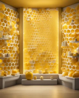 virtual photo wallpaper with honeycombs, beautiful yellow background, false windows and overhead lighting, display shelves for products