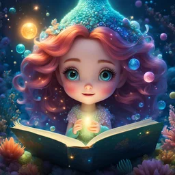 glowing orbs around adorable happy mystical chibi freckled face mermaid, big expressive eyes, reading a book, in an under the sea kingdom sprinkled with glittering fairy dust, Dreamlike Fantasy Art,colorful8k resolution concept art, Greg Rutkowski,SIXMOREVODKA, pastel color, Nighttime Lighting, digital illustration, 4K, Hyperdetailed, Intricate Details, 3D shading, Art of Illusion