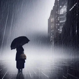 A princess standing in wait. Heavy cold rain. Thunderstorm. An engineer looking up. Futuristic scenary. Gray mist.