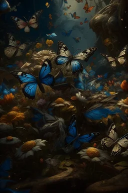 Bosch nightmares paint inf style Title: "Butterflies, Rainbows, and Flowers" Butterflies,intricate insanely detailed octane render trending on artstation, 8k artistic photography, photorealistic concept art, soft natural volumetric cinematic perfect light, chiaroscuro, award-winning photograph, masterpiece, oil on canvas, Raphael, Caravaggio, Greg Rutkowski, people, beksinski, Giger