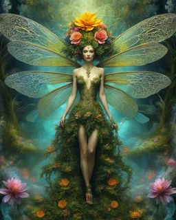 surrealism, grotesque, mysticism, flower planet, fabulous living outlandish dragonfly floral spiral twisted ornate world in baroque style full body fairy girl forest dryad dragonfly made of huge fractal weaves and vortices of petals, tattoos, bioluminescence, buds, dragonflies, smile, joy, ornate lenticular clouds, fractal swirls, a splash of bright saturated colors, professional photography, ultra-high detail, bright lighting.