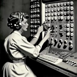 vintage technology, 1950's telephone operator working switchboard connecting callers through plugs keys and lights, vintage photography, dramatic, nostalgic, hyperrealistic,