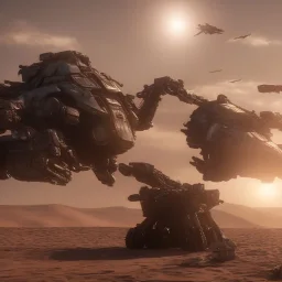 Armored Core machine robot fights another Armored Core fly in the sky in the desert with the ocean where you can see the space in the sky with the twilight on the horizon, 4k resolution