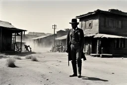 [very impressive high res masterpiece in Kodak Eastman 5247, scene by László Krasznahorkai] the Black or Afro-American sheriff in the Wild West. A tale as rare and powerful as a shooting star in the night sky. Picture this: a lone figure, standing tall in the dusty streets of a frontier town, a badge gleaming on their chest, defying the odds and challenging the stereotypes of the time.