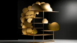 A bookshelf designed to evoke the feeling of floating through clouds, made of hollow gold with gradient-shifting accents that blooms like a flower in morning light.