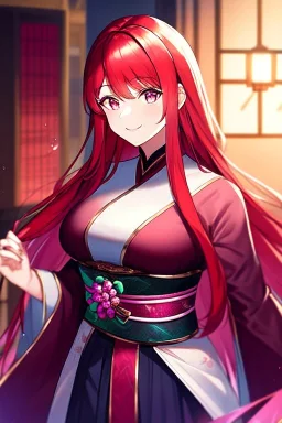 girl, masterpiece, best quality, cinematic lighting, detailed outfit, vibrant colors, perfect eyes, long hair, red hair, pink eyes, obi, smile, indoors,