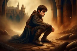 a young man on his knees out despair in a fantasy medieval, harry potter book cover style