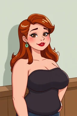 In a realistic, non-anime, cartoon style like: body shot of 40-year old chubby redhead with thick red lips and smoky eyes with long lashes who looks like Jewel DeNyle