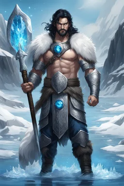 1 mana warrior, with blue eyes and black hair man in silver Viking armor with fur around the neck with blue crystal on his chest , standing in water in the artic, holding a ice axe, warrior in anime style,