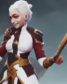 d&d character, female, cleric, happy, armor, white hair, gold eyes, smile