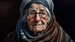 an old woman wearing glasses and a scarf, a photorealistic painting by Arie Smit, behance contest winner, photorealism, behance hd, reimagined by industrial light and magic, photorealistic