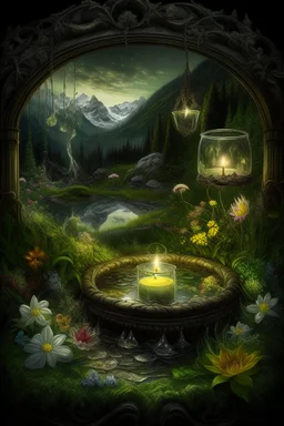 Hyperrealism against the background of a spring landscape in the forest +mirror with a tsunami whirlpool +mountains +ritual +candles+dried flowers+wildflowers+moss++decoupage of flowers+embroidery technique+braided beads+vine+moonlit night,fabulous landscape,surrealism,realism,naturalism,dot technique,microdetalization,high detail objects,digital illustration,volumetric clarity,dark fantasy,dark botanical, professional photo