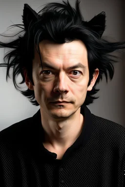 An adult man with messy black hair, large black cat ears and tail