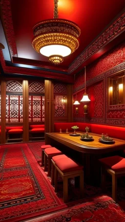 A cherry red Chinese spicy noodle restaurant designed in Moroccan rug art painted by Giovanni Battista Sassi