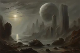 Grey sky, planet in the sky, rocks, mountains, sci-fi, friedrich eckenfelder impressionism paintings
