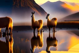 alpacas, peru, mountains, reflection, mist, sunrise