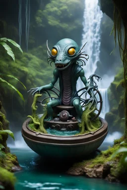 action figure of an alien electric eel necromancer on round swamp boat beholder eye wheel throne in foggy jungle waterfall