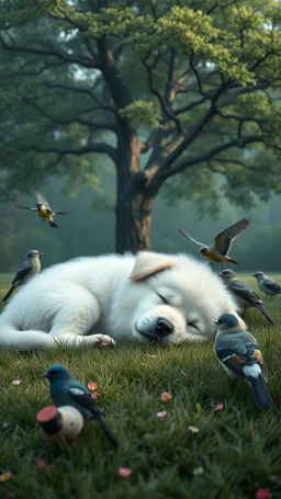 Bosch painting style nightmare , 3D , a white fluffy puppy sleeping on a comfortable green grass with birds around him , a nice tree in the background, high Quality picture , 8k