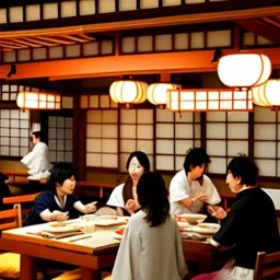 Escena de restaurante japones lleno de personas comiendo